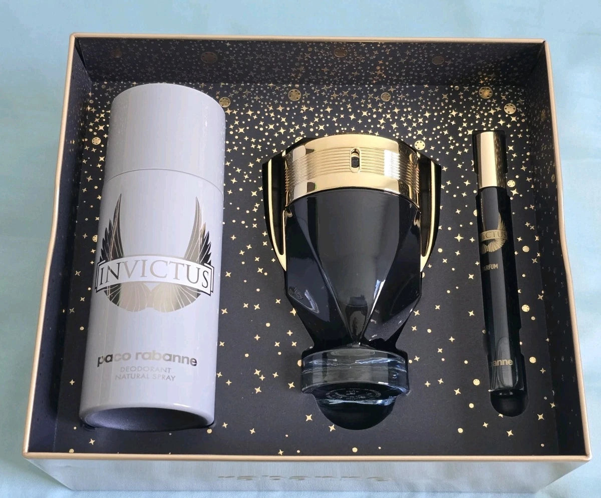 GIFT SET - PACO RABANNE "INVICTUS VICTORY" 3.4OZ EDT SPR "3PCS" MEN (METAL)
