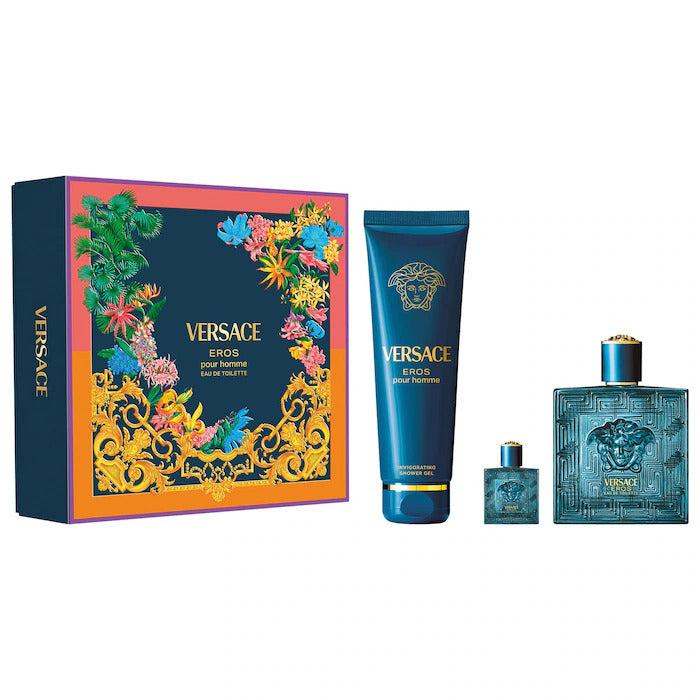 GIFT SET - VERSACE "EROS MEN" 3.4OZ EDT SPR + SG 5 oz.+ Miniature 0.17 oz."3 PCS"